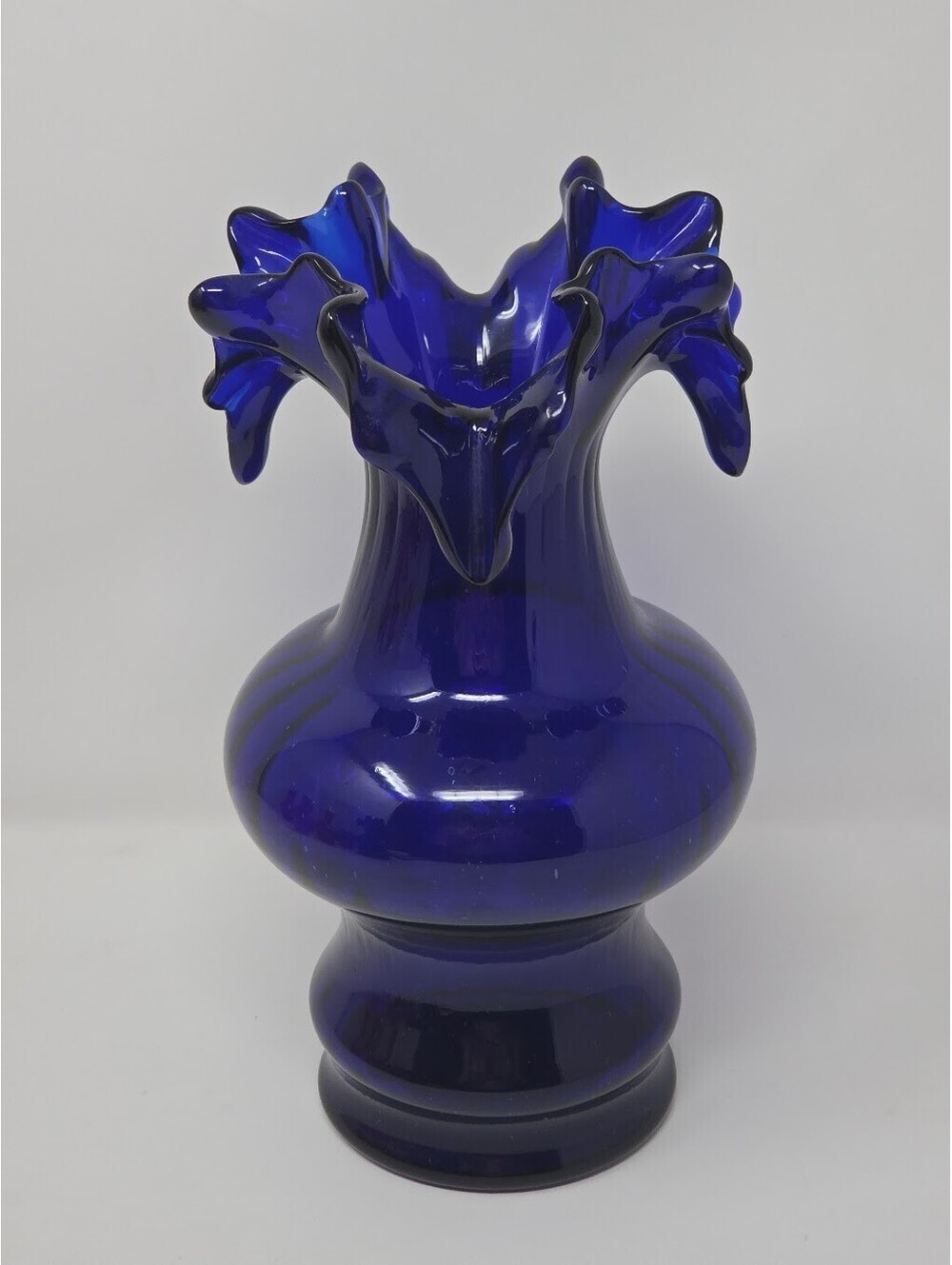 Fenton Cobalt Blue Art Glass Vase Ruffled Fluted Rim Pedestal Base Decor